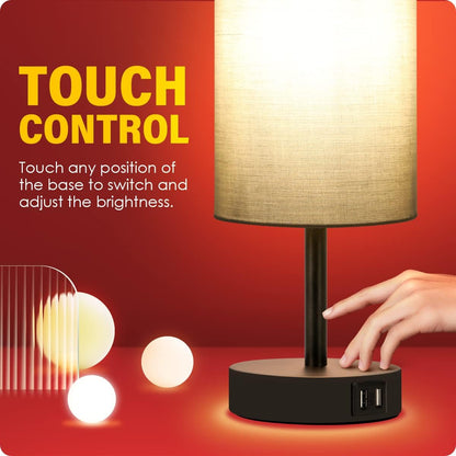 Yarra-Decor Bedside Lamps with USB Port - Touch Control Table Lamp for Bedroom Wood 3 Way Dimmable Nightstand Lamp Set of 2 with Round Flaxen Fabric Shade for Living Room, Dorm, Home Office (2 Pack)