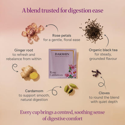 DAKSHIN Organic Rose Cardamom Tea Bags | Black Tea with Rose Petals, Ginger Root & Cloves | Naturally Warming & Comforting | USDA Organic | 16 Tea Bags