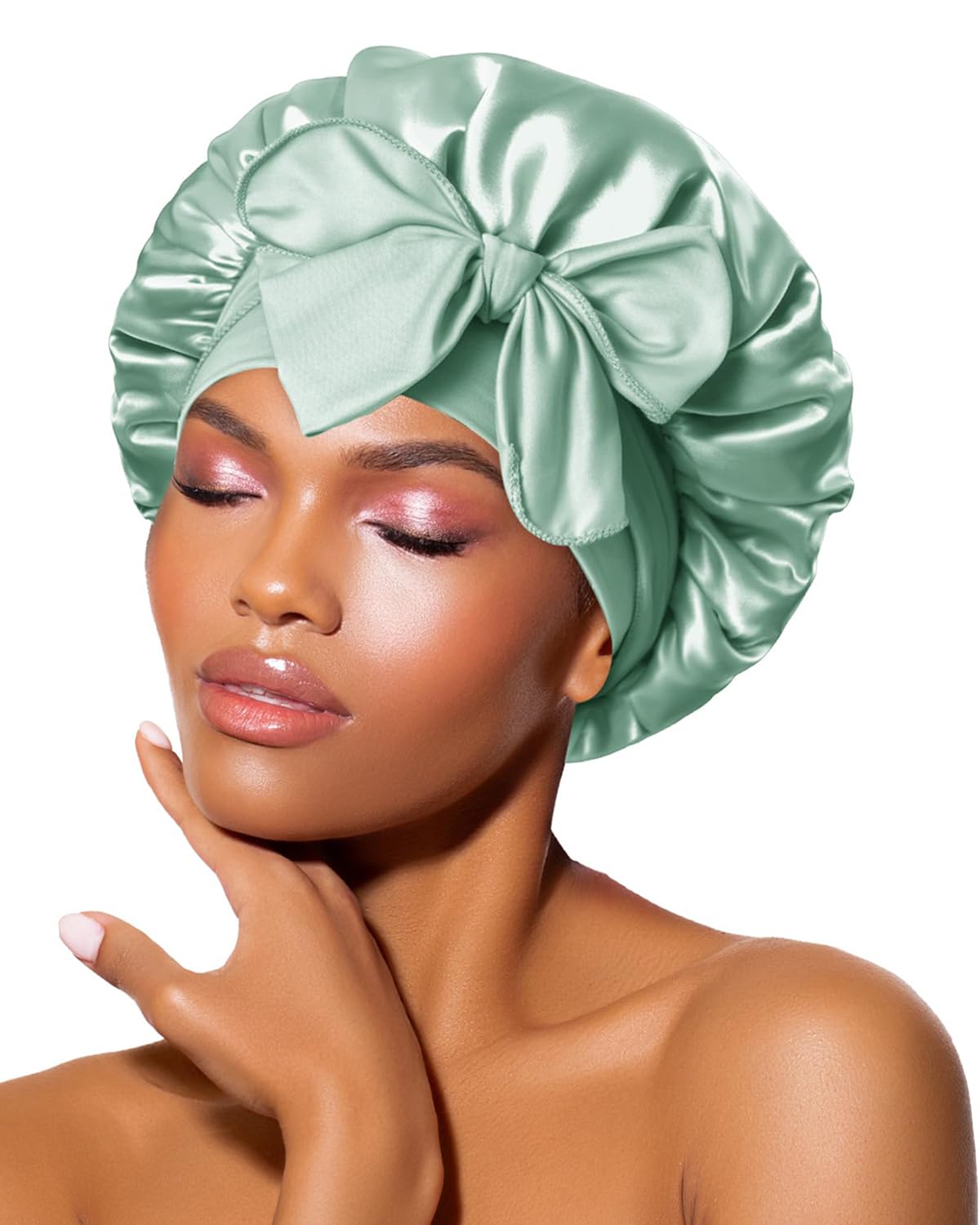 BONNET QUEEN Silk Bonnet for Sleeping for Women Satin Bonnet Night Cap for Curly Hair with Tie Band, Single Layer, Cream Pink
