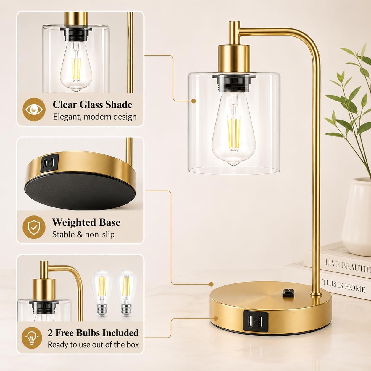 Set of 2 Industrial Touch Control Table Lamps with USB C+A Ports and AC Outlet - 3-Way Dimmable Black Bedside Lamps Nightstand Desk Lamps for Bedroom Living Room, Glass Shade & 2 LED Bulbs Included