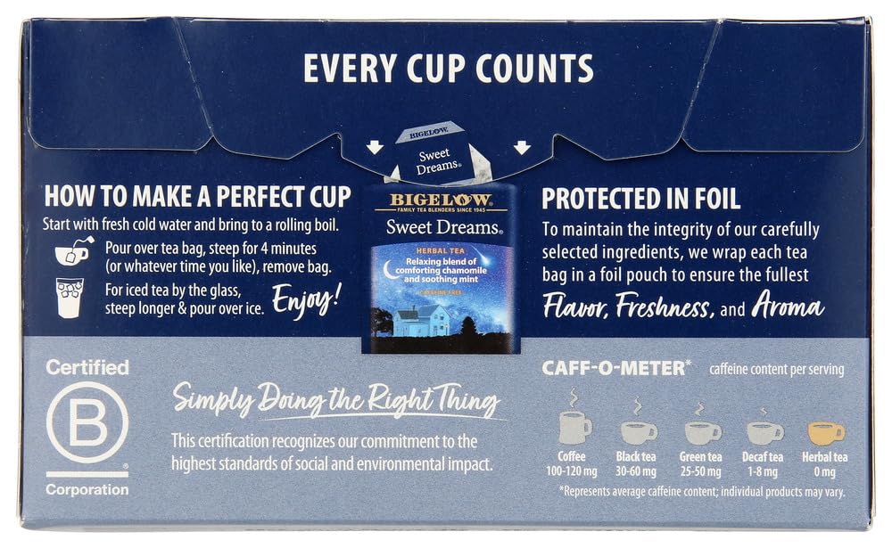 Bigelow Sweet Dreams Herbal Tea 28-Count Box (Pack of 1) Relaxing Blend of Chamomile & Mint Caffeine-Free Nighttime Herbal Tea in Individual Foil-Wrapped Bags