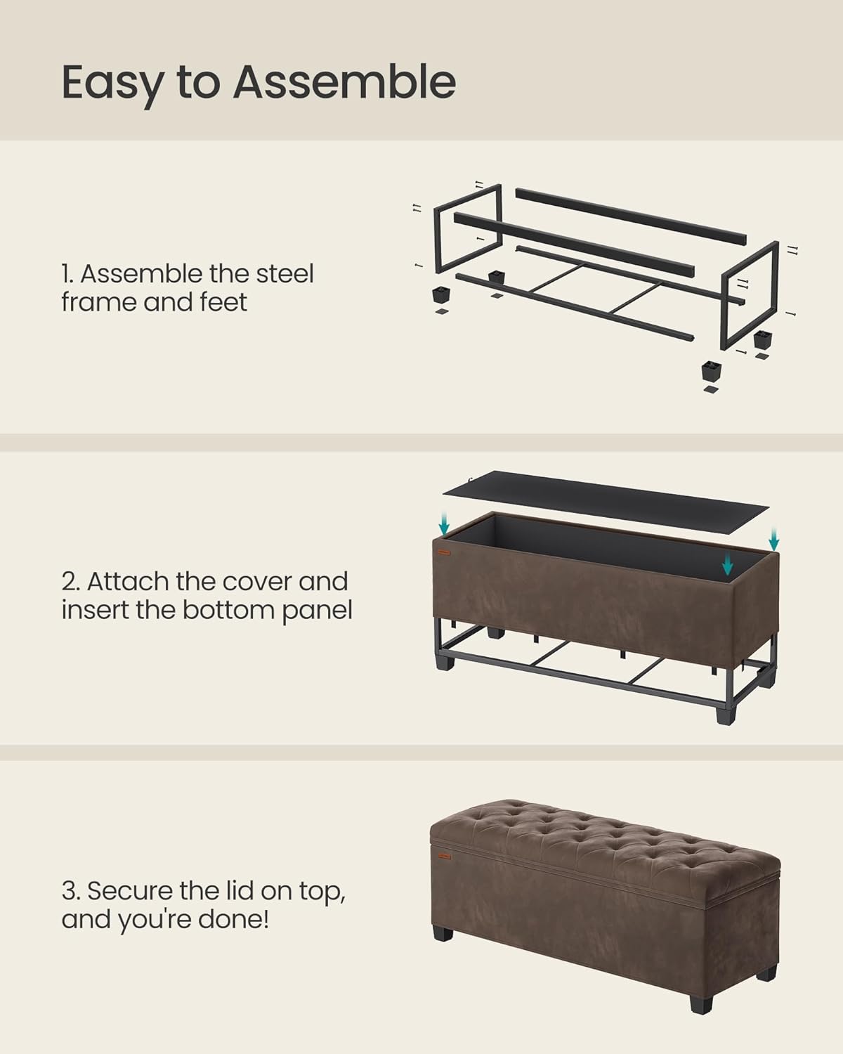SONGMICS Storage Ottoman Bench, Foot Rest with Legs, 15.7 x 43.3 x 15.7 Inches, End of Bed Bench, Storage Chest, Load up to 660 lb, for Living Room, Bedroom, Entryway, Dark Gray ULSF088G01