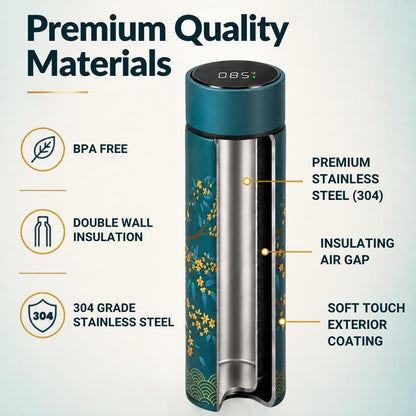 Farasi Tea Infuser for Loose Leaf Tea Smart Water Bottle with Fahrenheit Temperature Display, Stainless Steel Insulated Coffee and Fruit Tea Infuser Bottle - Floral Travel Tea Mugs 15 oz (Black)