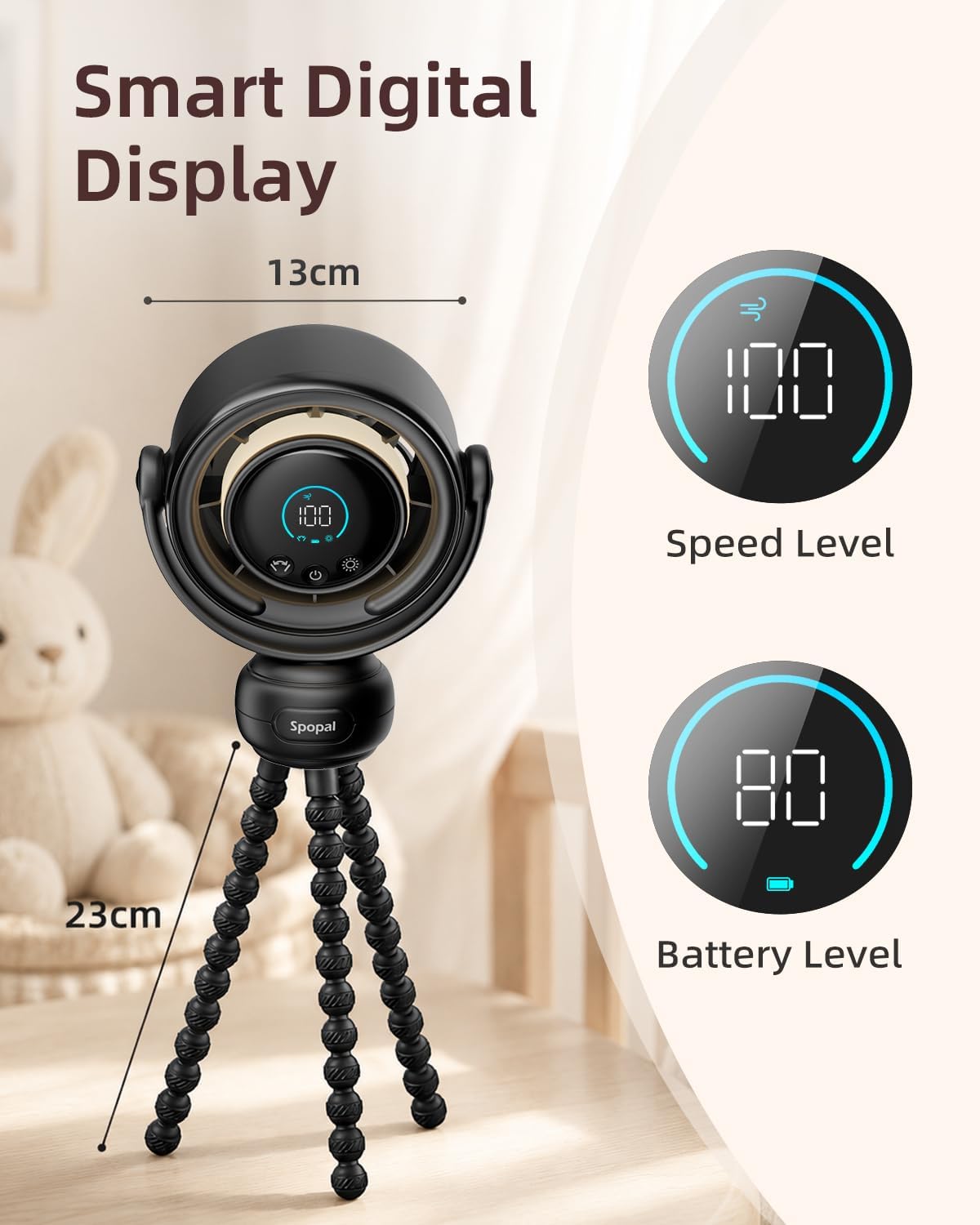 Spopal Portable Baby Stroller Fan, 120° Auto Swing, LED Display- Beige