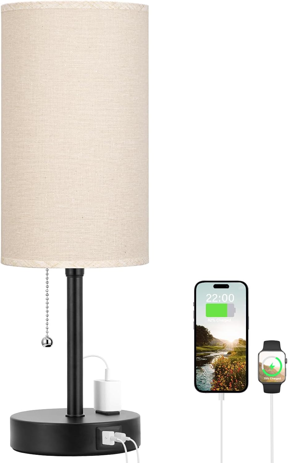 Small Bedside Table lamp for Bedroom - 3 Color Temperatures Bedside Lamps with USB C and A Ports, Pull Chain Table Lamps with AC Outlet, White Nightstand Lamps with Black Metal Base for Kids Reading