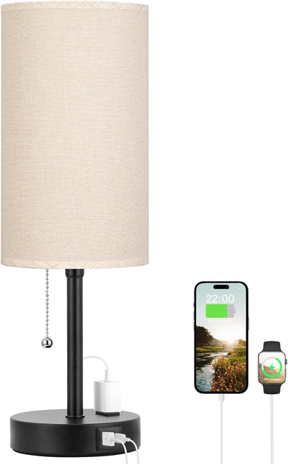 Small Bedside Table lamp for Bedroom - 3 Color Temperatures Bedside Lamps with USB C and A Ports, Pull Chain Table Lamps with AC Outlet, White Nightstand Lamps with Black Metal Base for Kids Reading