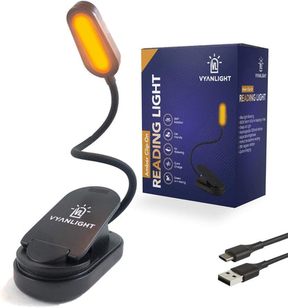 VYANLIGHT Book Light for Reading in Bed, Amber Color Reading Lamp with 360° Rotating Gooseneck, Rechargeable and Dimmable Warm Glow LED Clip-on Light, 1600K Eye Care Portable Light for Readers