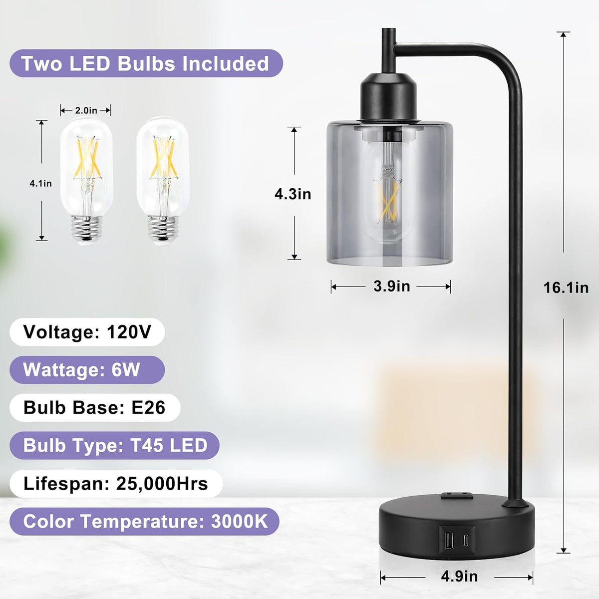 Industrial Touch Lamps for Nightstand Set of 2, 3-Way Dimmable Bedside Lamp