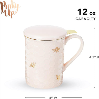 Pinky Up Annette Ceramic Tea Cup with Infuser and Lid, Travel Mug for Loose Leaf Teas, Home Office, Camping, Picnic Party, 12 oz, Set of 1, Honeycomb