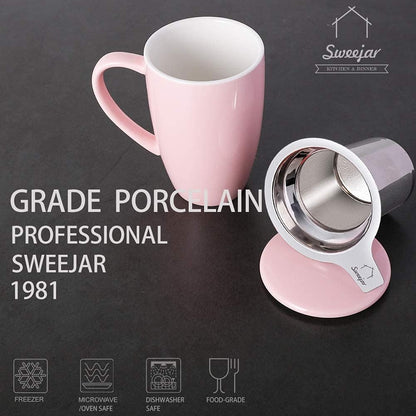 Sweejar Porcelain Tea Infuser Mug with Lid, 16 oz Teacup with Strainers for Loose Leaf Tea, Microwave and Dishwasher Safe Coffee Mug(Purple)