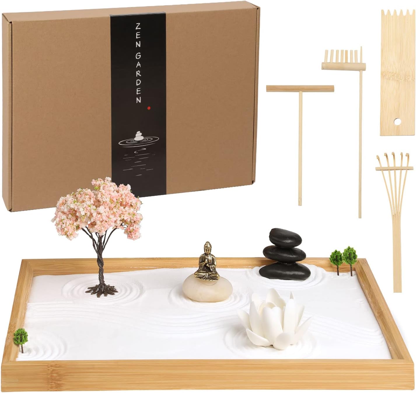 Mini Zen Garden for Desk Bodhi Tree and Buddha | Desktop Sand Tray Japanese Zen Garden Kit for Therapy Office Decor, Home Decor, Meditation Gifts