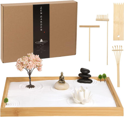 Mini Zen Garden for Desk Bodhi Tree and Buddha | Desktop Sand Tray Japanese Zen Garden Kit for Therapy Office Decor, Home Decor, Meditation Gifts