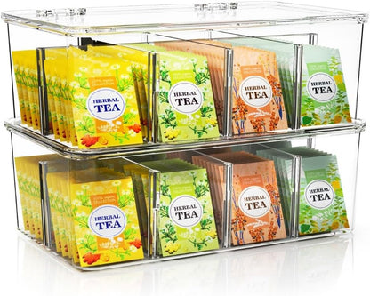 Utopia Home - Tea Bag Organizer With Lids, (1 Pack) Clear Pantry Storage Box - Stackable Partition Organizers or Holder With Lids For Drawers, Countertops, Fridge, Kitchen, Snack & Spice Organization
