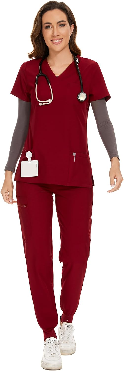 COZYFIT Scrubs for Women Set - Stretch V-Neck Scrub Top & Jogger Pant with 8 Pockets COZY SCRUBS - Colors C