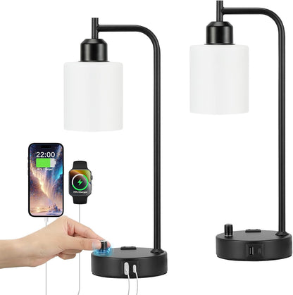 Industrial Table Lamps for Bedrooms Set of 2 - Fully Dimmable Bedside Lamps with USB A and C Ports and Outlet, Black Nightstand Lamps with Glass Shade for Living Room, Desk Lamps for Office Reading