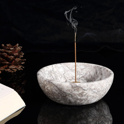 Koville Natural Marble Incense Holder, Incense Holder for Sticks with 9 Holes, Handmade Incense Burner Ash Catcher for Meditation Yoga SPA, Balsam Fir/Palo Santo/Sage/Cone (White)