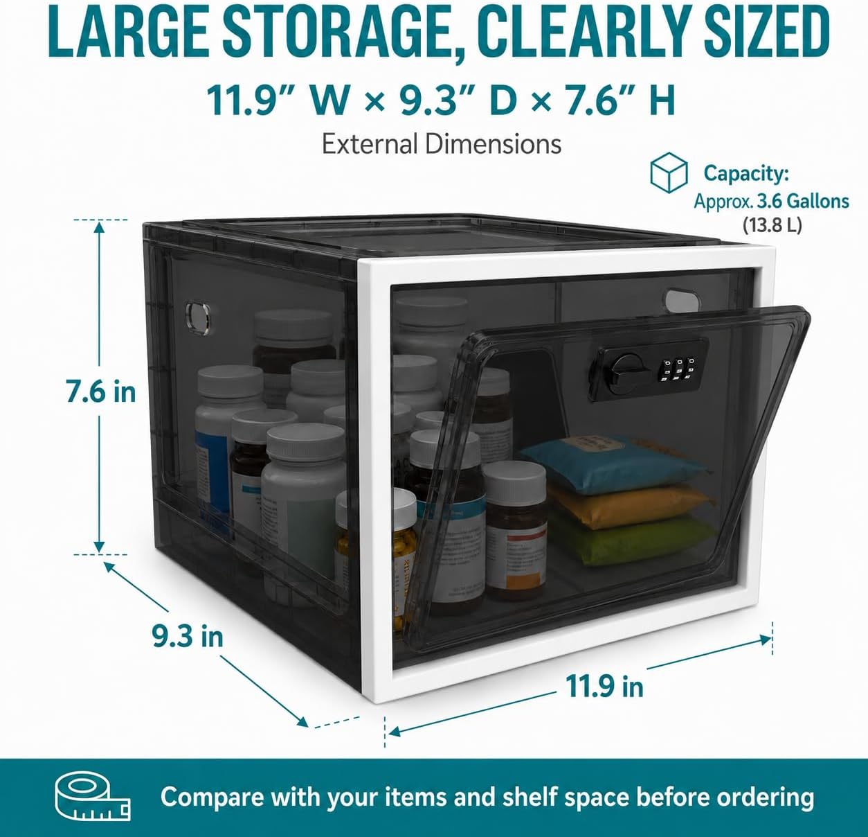 2 Pack Large Medication Lock Box with Code, Clear Lockable Storage Box for Refrigerator, Cabinet & Dorm, Stackable Medicine Box for Prescriptions, Snacks, Phone, 11.9" x 9.3" x 7.6", Black