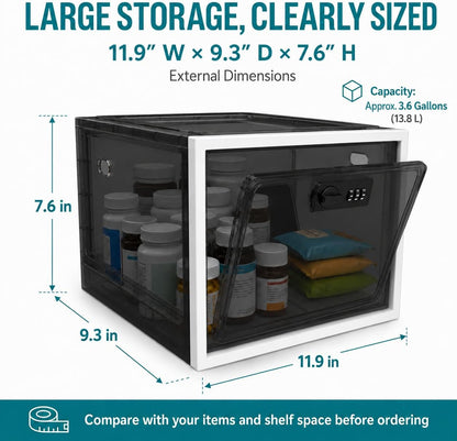 2 Pack Large Medication Lock Box with Code, Clear Lockable Storage Box for Refrigerator, Cabinet & Dorm, Stackable Medicine Box for Prescriptions, Snacks, Phone, 11.9" x 9.3" x 7.6", Black