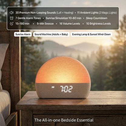 White Noise Sound Machine Sunrise Alarm Clock – 30 Non-Looping Soothing Sleep Sounds with LoFi and Healing Music| 10-Color Ambient Light & Sunlamp | No App Screen Free Sleep for Baby Adults Kids
