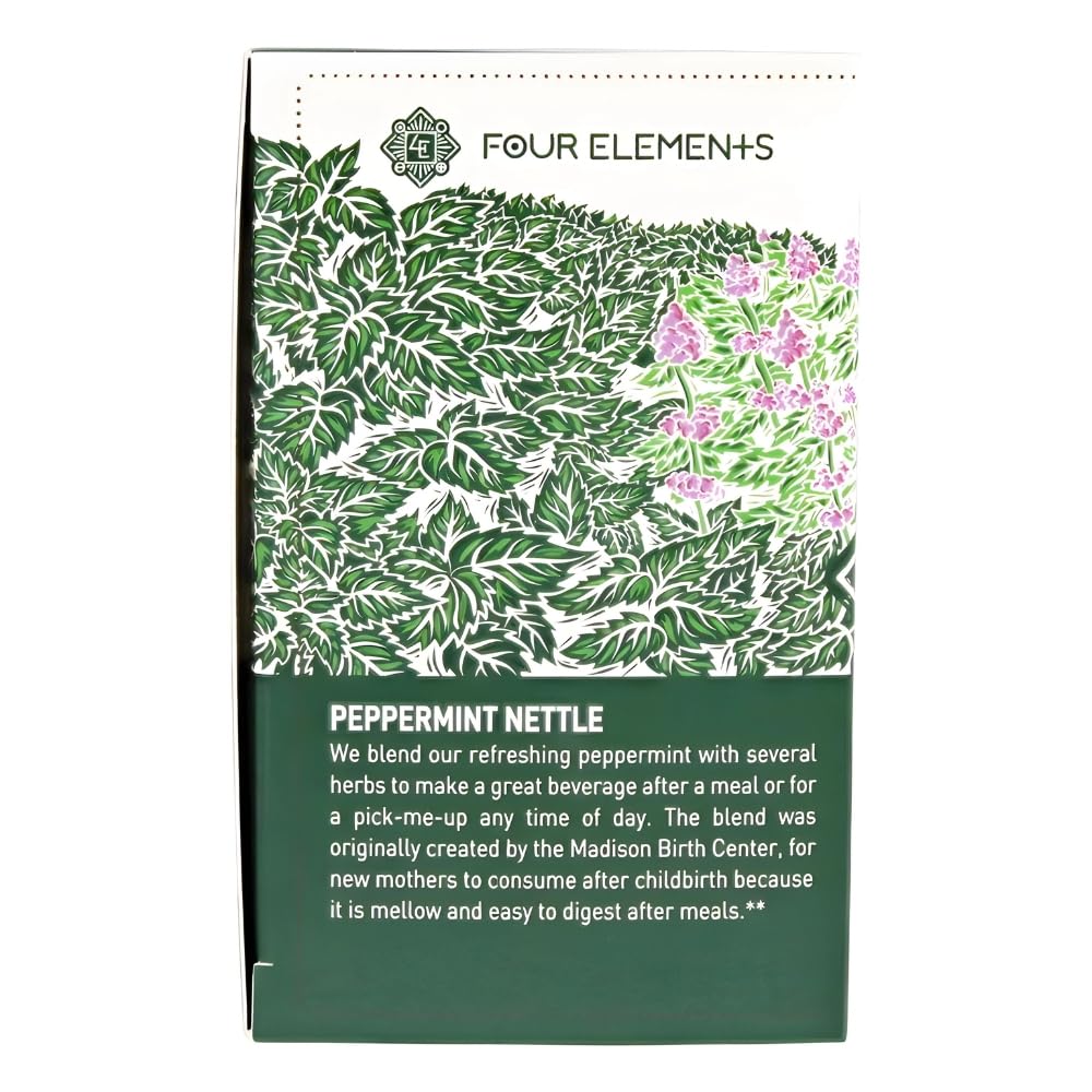 Four Elements 4E Peppermint Nettle Tea, Blended with Peppermint, Raspberry Leaf and Nettles, 100% Organic Herbal Tea, 16 Teabags, 1.2 OZ