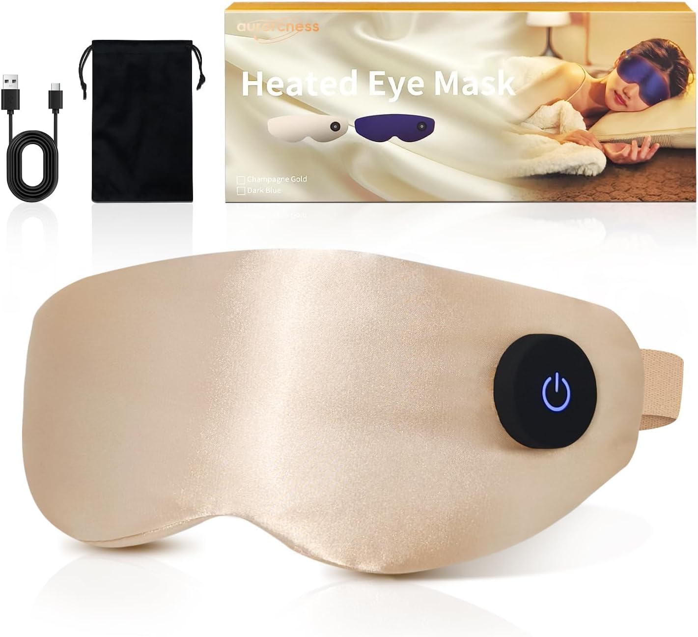 Aurorcness Heated Eye Mask for Dry Eyes – Cordless Warm Eye Compress, 100% Mulberry Silk Sleep Mask with Graphene Heating, 3 Heat Levels and Auto Shut-Off, Rechargeable & Washable