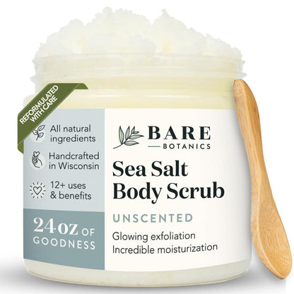 Bare Botanics Coconut Vanilla Body Scrub 24oz | Made in Madison, WI | All Natural Sea Salt Exfoliator w/ Skin Loving Moisturizers | Vegan & Cruelty Free | Gift Ready Packaging w/ a Cute Wooden Spoon