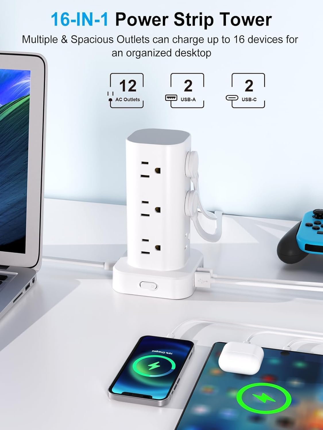 6FT Power Strip Tower Surge Protector, 12 Wide Spaced Outlets, 4 USB