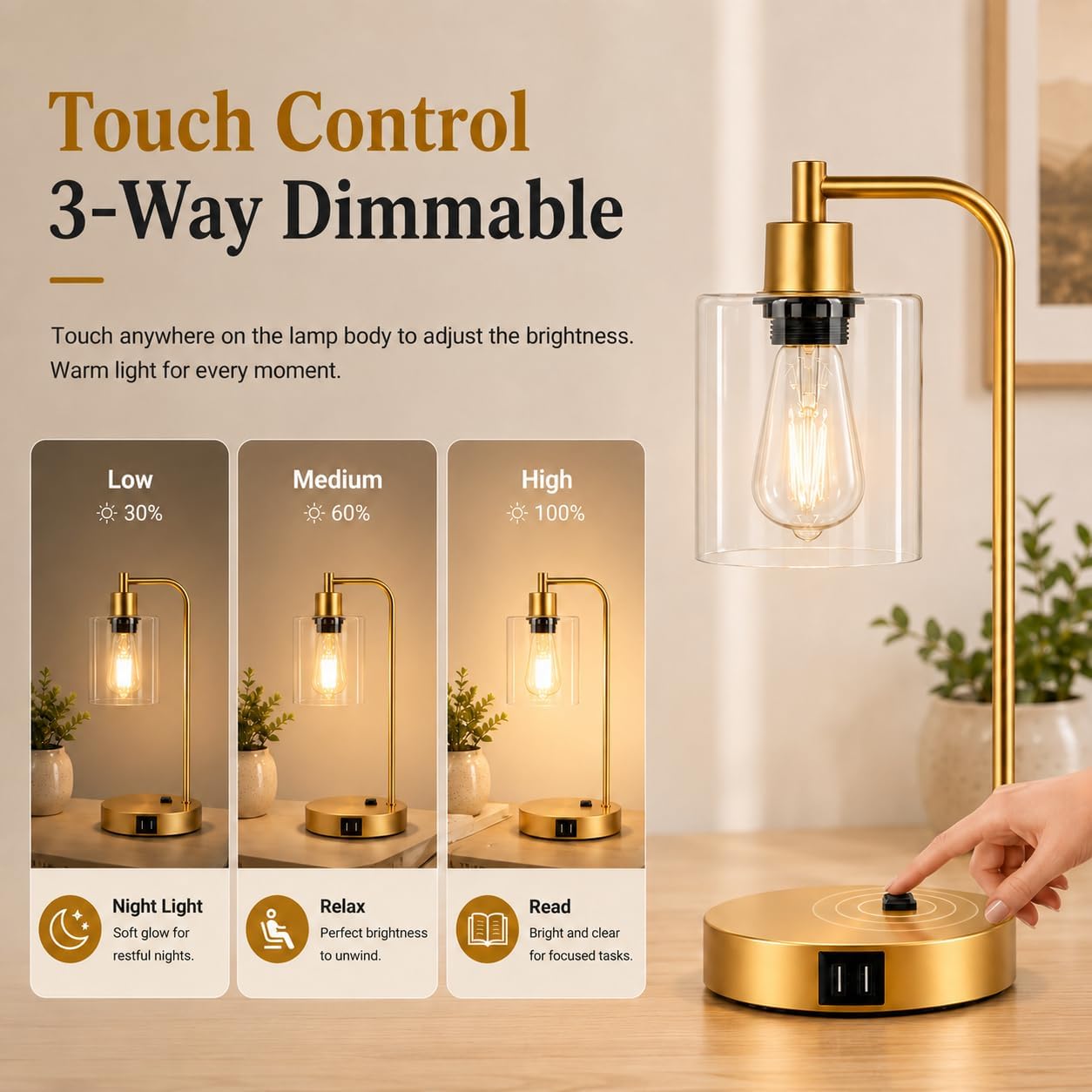 Set of 2 Industrial Touch Control Table Lamps with USB C+A Ports and AC Outlet - 3-Way Dimmable Black Bedside Lamps Nightstand Desk Lamps for Bedroom Living Room, Glass Shade & 2 LED Bulbs Included