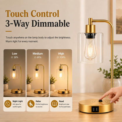 Set of 2 Industrial Touch Control Table Lamps with USB C+A Ports and AC Outlet - 3-Way Dimmable Black Bedside Lamps Nightstand Desk Lamps for Bedroom Living Room, Glass Shade & 2 LED Bulbs Included