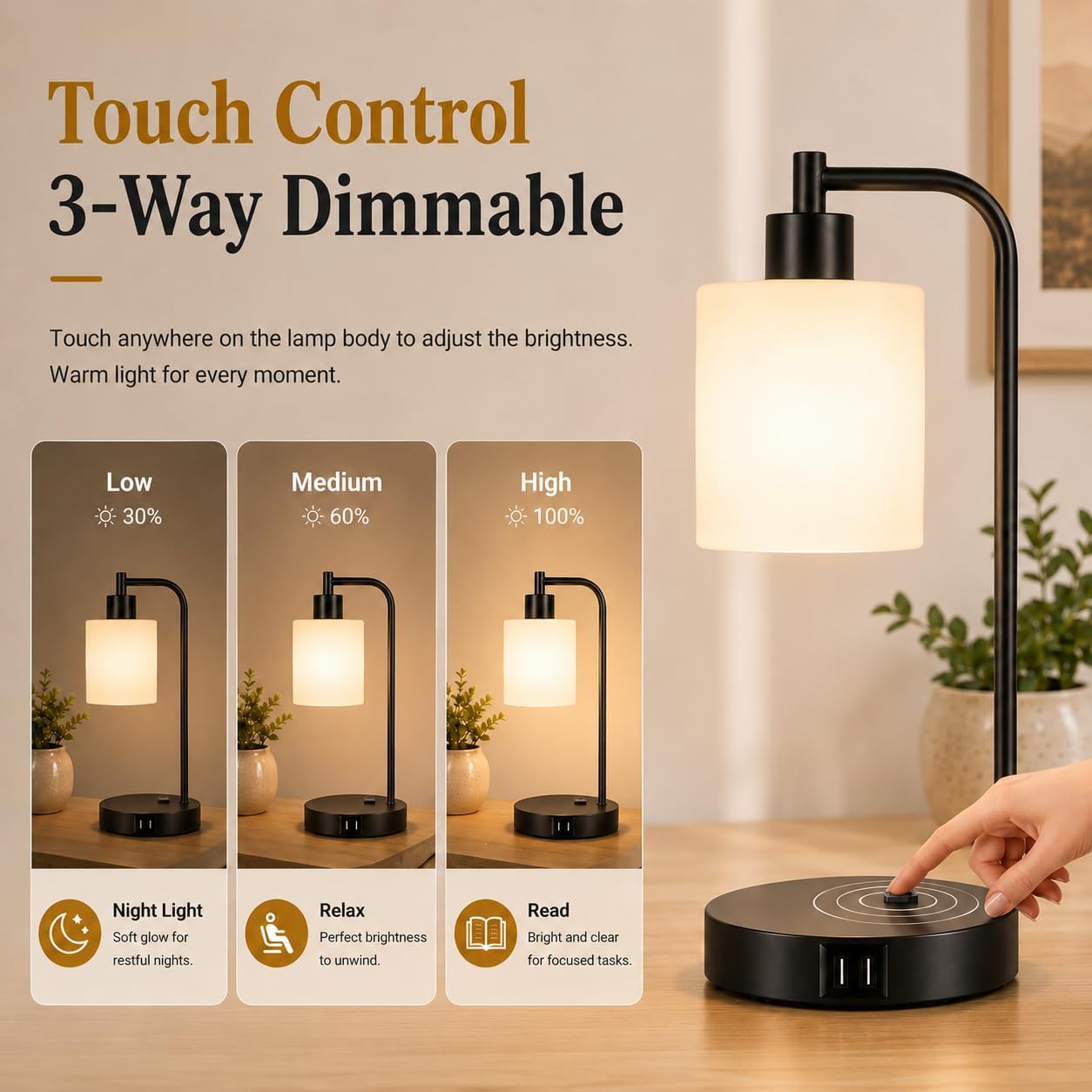 Set of 2 Industrial Touch Control Table Lamps with USB C+A Ports and AC Outlet - 3-Way Dimmable Black Bedside Lamps Nightstand Desk Lamps for Bedroom Living Room, Glass Shade & 2 LED Bulbs Included