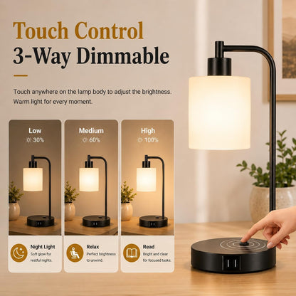 Set of 2 Industrial Touch Control Table Lamps with USB C+A Ports and AC Outlet - 3-Way Dimmable Black Bedside Lamps Nightstand Desk Lamps for Bedroom Living Room, Glass Shade & 2 LED Bulbs Included