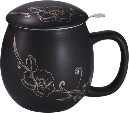 Yundu 12 OZ Matte Green Ceramics Teacup with Infuser and Lid, Mug with Lid for Steeping - Stainless Steel Infuser for Loose Leaf Tea, Home Office Gift for Tea Lovers