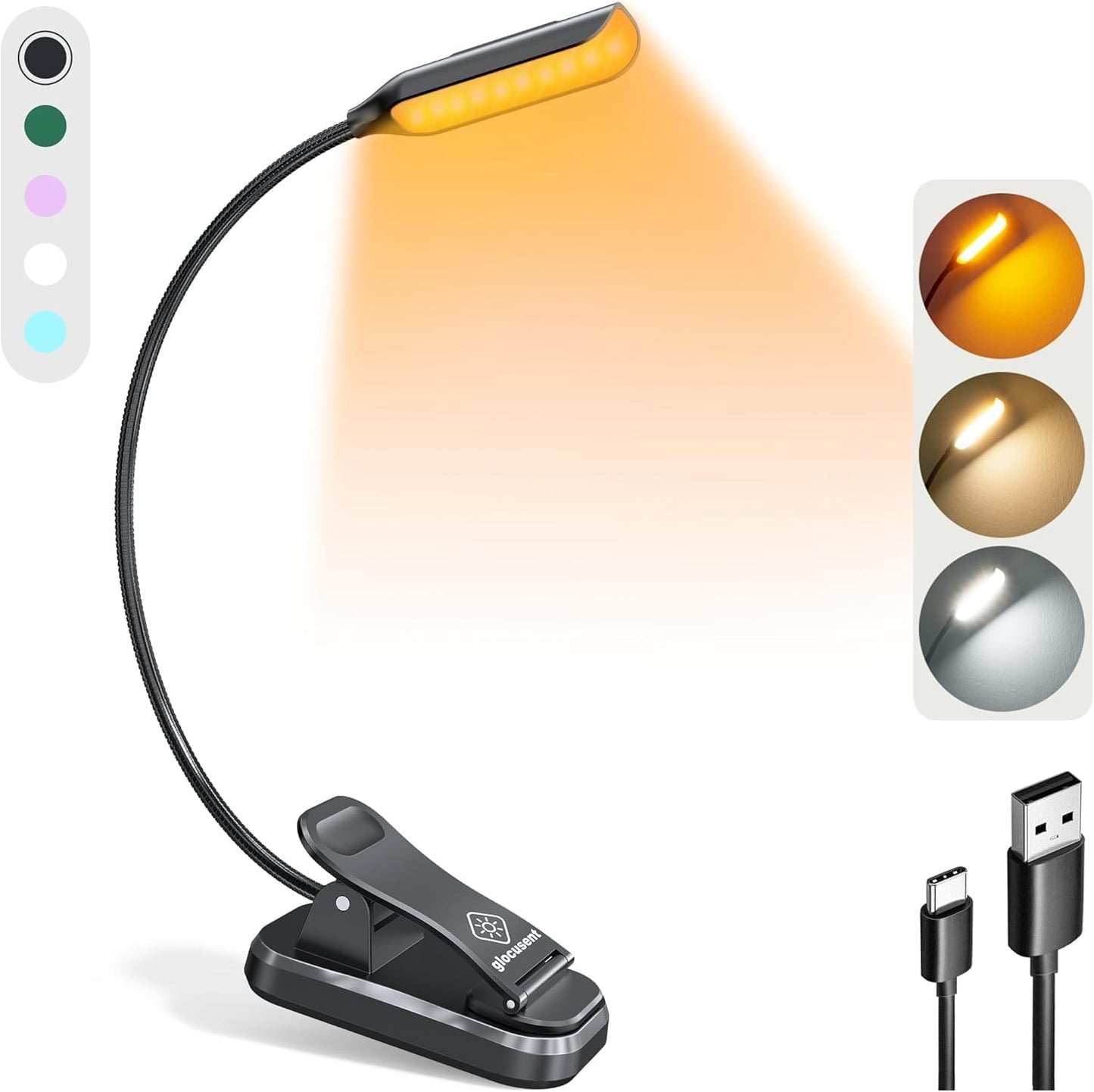 Glocusent Willow Book Light for Reading in Bed, 10LED Bright Reading Light, 3 Colors & 3 Brightness, Rechargeable Book Light Lasts for 80hr, Lightweight Clip on Book Light, Perfect for Book Lovers