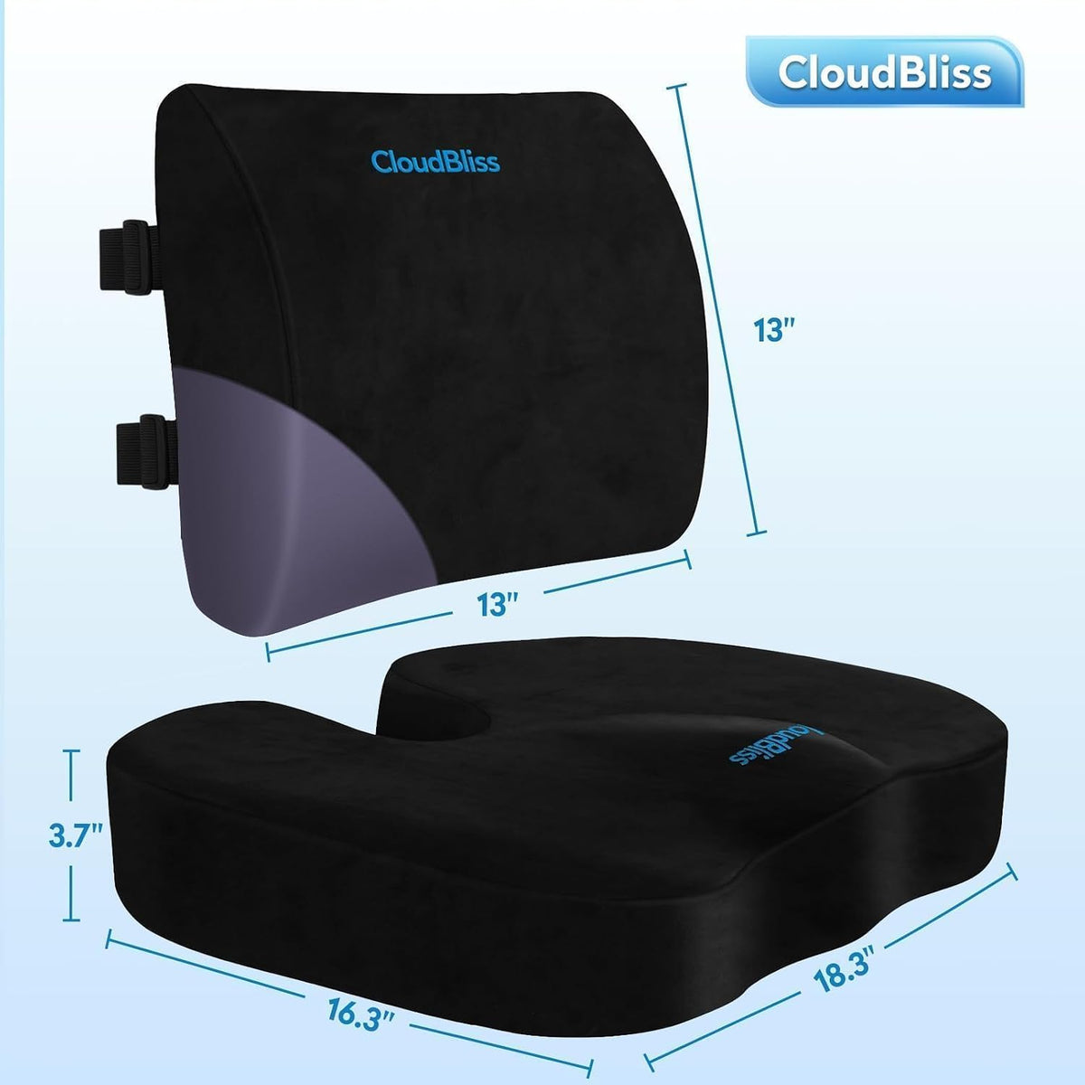 CloudBliss Ergonomic Seat Cushion & Lumbar Support Pillow Set, Black,Large