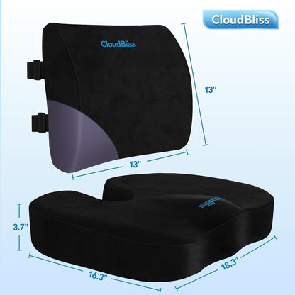 CloudBliss Ergonomic Seat Cushion & Lumbar Support Pillow Set, Black,Large