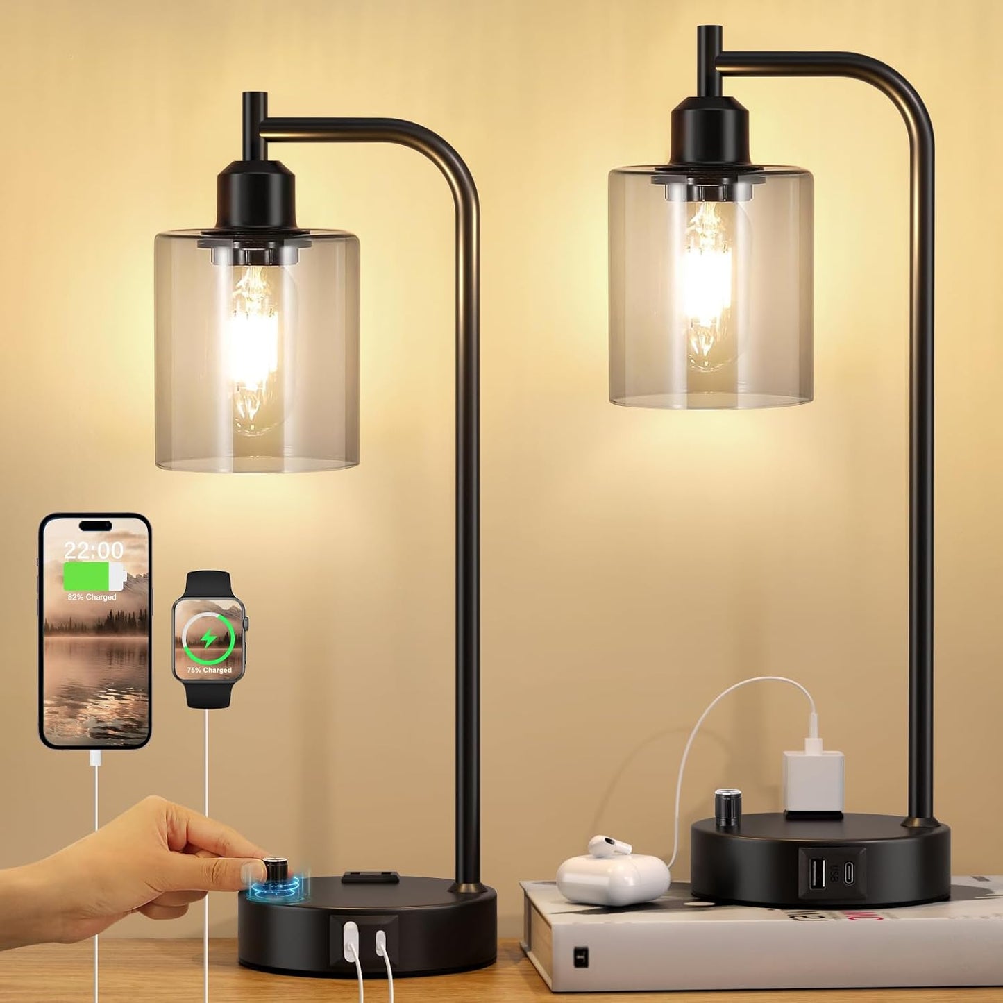 Industrial Table Lamps for Bedrooms Set of 2 - Fully Dimmable Bedside Lamps with USB A and C Ports and Outlet, Black Nightstand Lamps with Glass Shade for Living Room, Desk Lamps for Office Reading