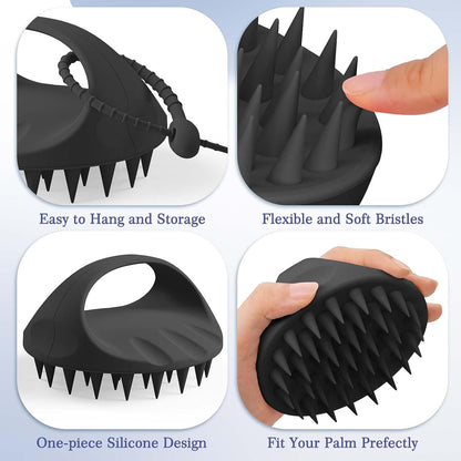 Manmihealth Silicone Back Scrubber & Soft Bath Glove, Silicone Scalp Massager Set 5 PCS, Super-Exfoliating Body Scrubber Shower Brush & Shampoo Brush Combination, with 2 Free Hooks (Style 1 Black)