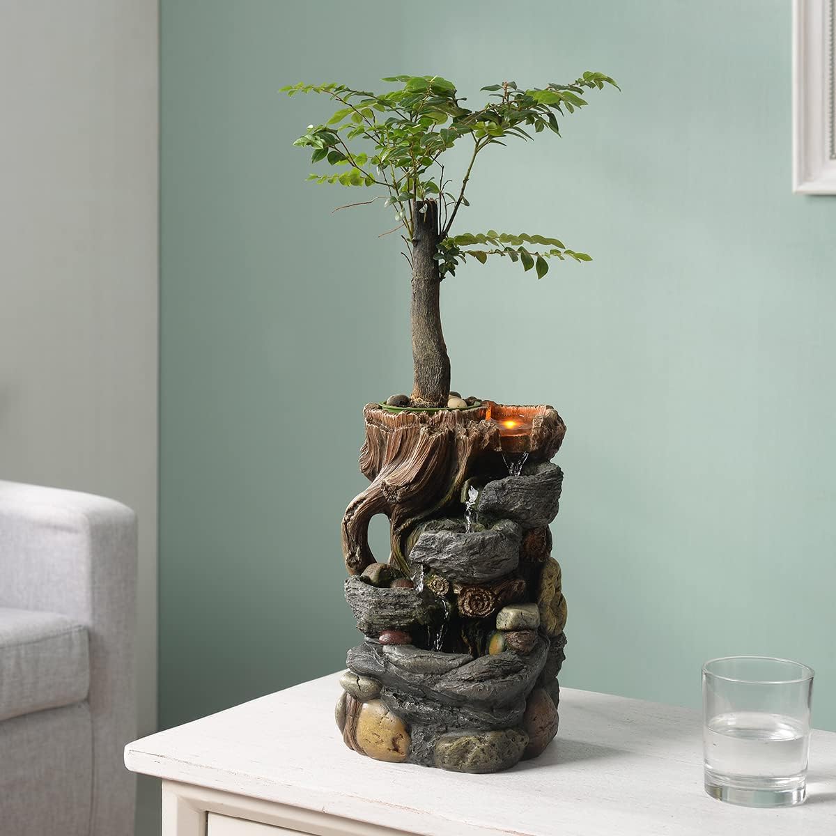 GOSSI 3-Tier Stone Wall Tabletop Water Fountain with Natural River Rocks, LED Lights, Zen Meditation Waterfall for Office and Home Decor, Relaxing Desktop Fountain, Christmas Decoration