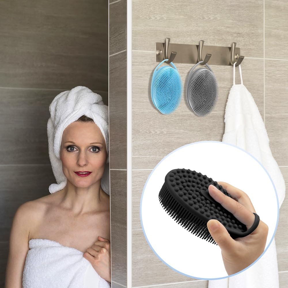 PQRUU 3 Pack Silicone Body Scrubber, Exfoliating Soft Loofah Bath Body Scrubbers for Use in Shower, Exfoliating Body Scrubber Fit for All Kinds of Skin, Rapid Foaming Black+Blue+Pink