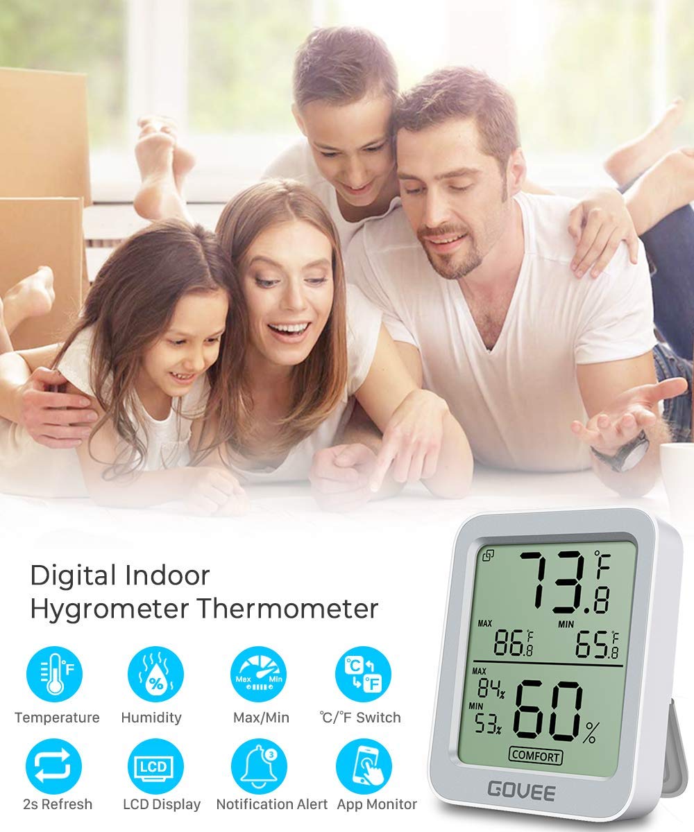 Govee Indoor Hygrometer Thermometer 2Pack H5075 with Bluetooth App Control | Room Temperature Humidity Meter, 164ft Remote Monitor, Smart Alerts, 2 Years Data Storage Export, for Bedroom Wine Cellar