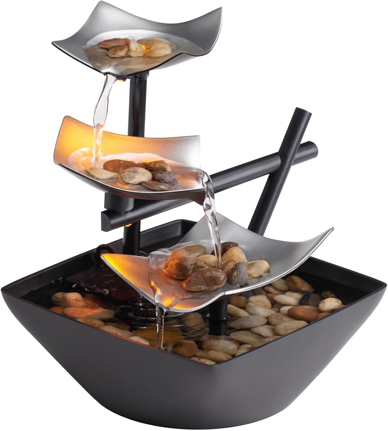 Homedics Tabletop Water Fountain, 3 Tier Indoor Waterfall Fountain with Natural River Rocks, Quiet Pump for Relaxation, Zen Home & Office Desk Décor, AA Battery Powered