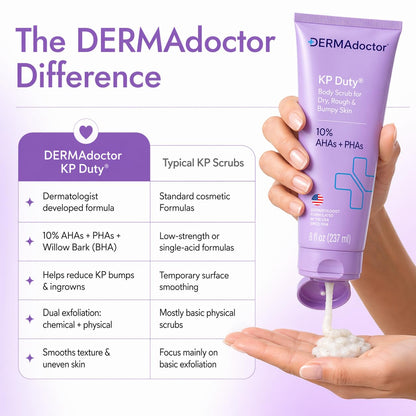 DERMAdoctor KP Bump Eraser Body Scrub with 10% AHAs + PHAs for Keratosis Pilaris, Dry, Rough, and Bumpy Skin, Dermatologist Formulated Exfoliating Body Scrub with Glycolic and Lactic acids - 8 Fl oz