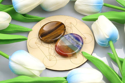 2PCS Worry Stone for Anxiety Tigers Eye Amethyst Healing Crystals Hand Thumb Stones Pocket Gemstones Meditation Accessories Oval Crystal Natural Relax Palm Stone Anxiety Relief Items Stocking Stuffers
