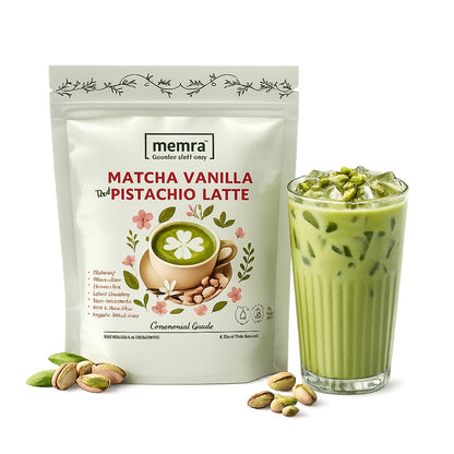 Matcha pistachio Vanilla Latte Mix – Creamy organic Green Tea Drink Powder – Hot or Iced Café Style daily Beverage 80g