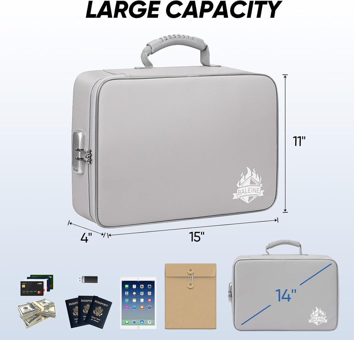 BALEINE Fireproof Document Box with Lock, Waterproof Fire Safe File Bag