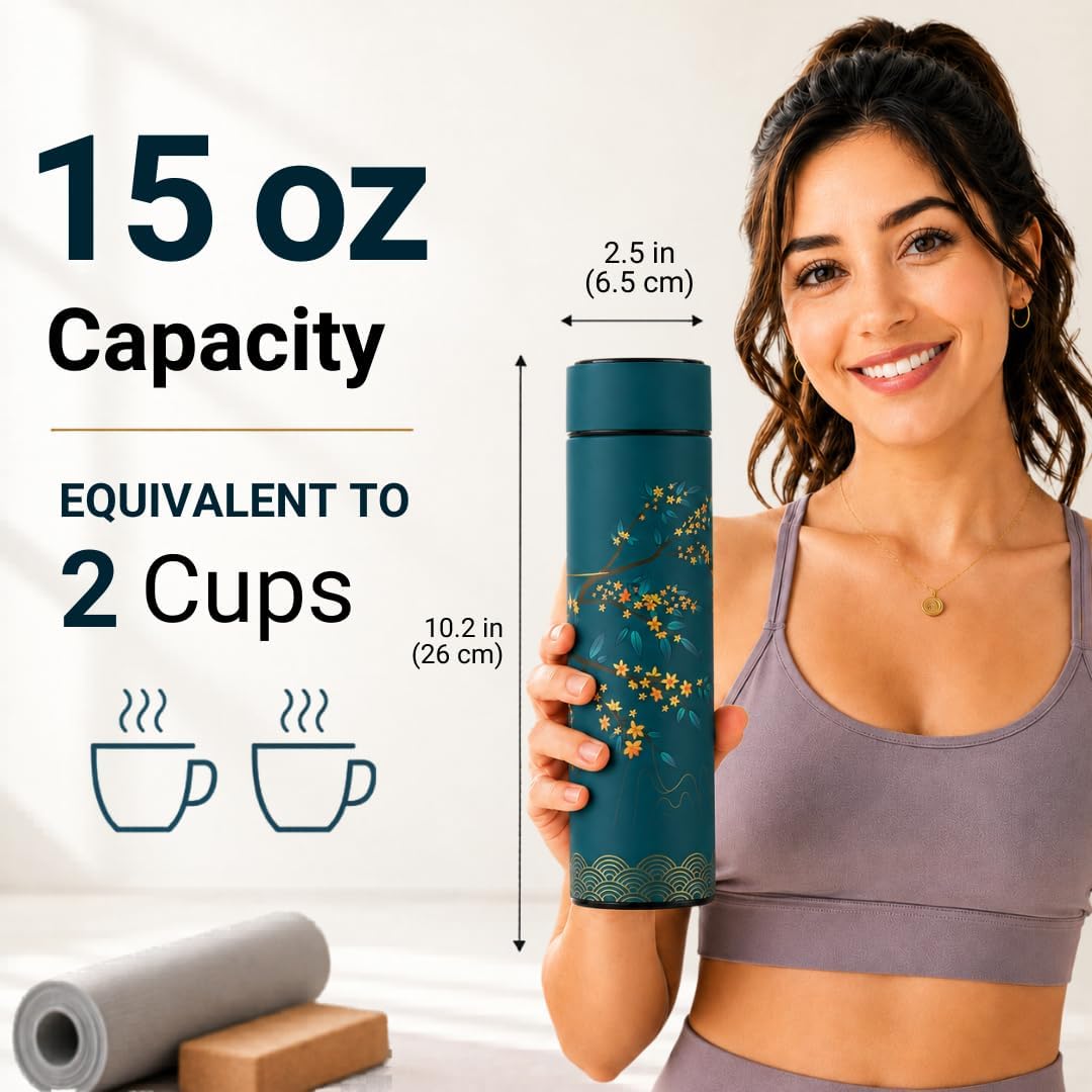 Farasi Tea Infuser for Loose Leaf Tea Smart Water Bottle with Fahrenheit Temperature Display, Stainless Steel Insulated Coffee and Fruit Tea Infuser Bottle - Floral Travel Tea Mugs 15 oz (Black)