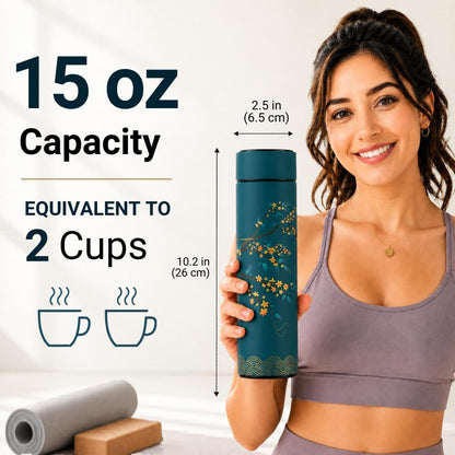 Farasi Tea Infuser for Loose Leaf Tea Smart Water Bottle with Fahrenheit Temperature Display, Stainless Steel Insulated Coffee and Fruit Tea Infuser Bottle - Floral Travel Tea Mugs 15 oz (Black)