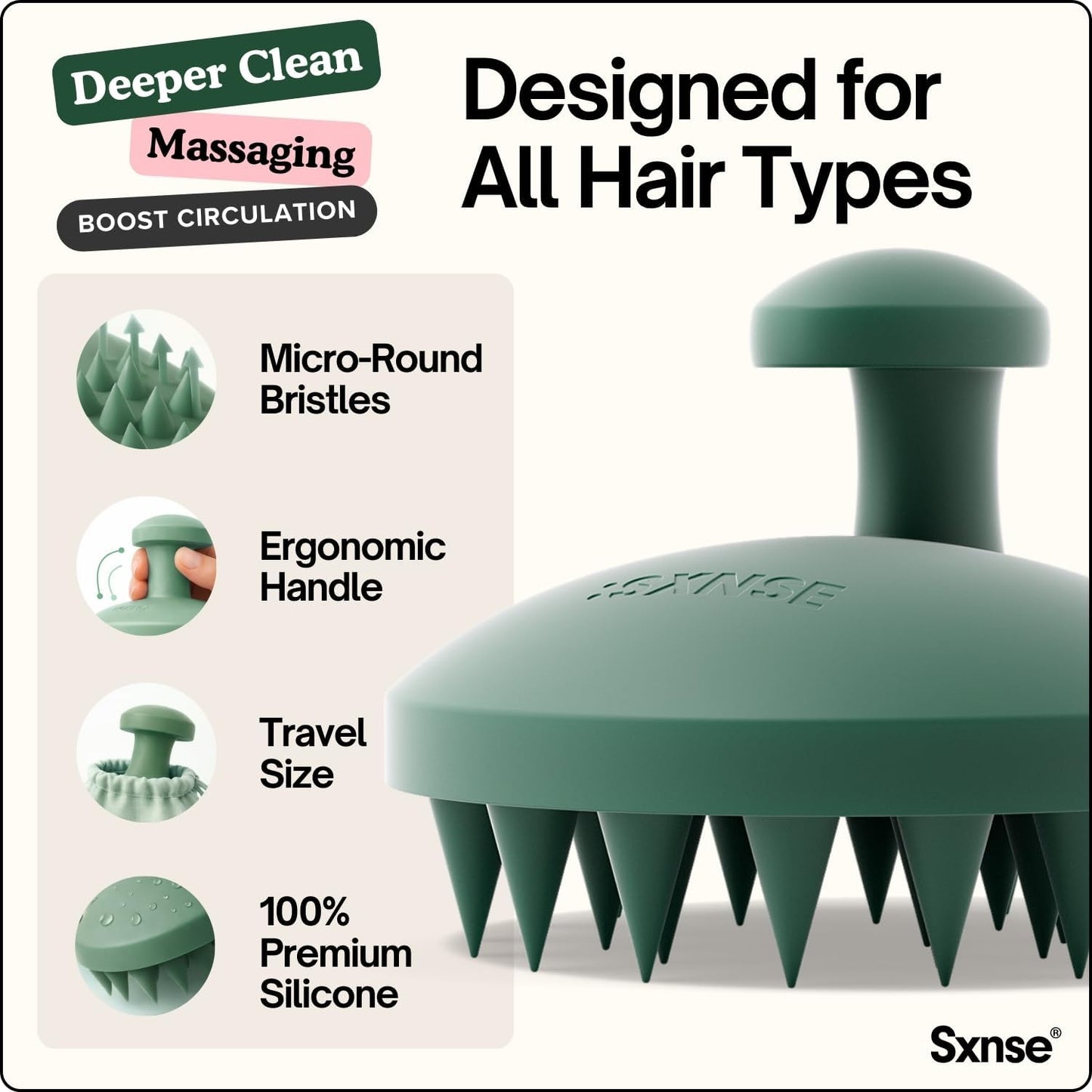 SXNSE - Revive Silicone Scalp Massager, Arctic - Manual Hair & Scalp Scrubber for Dandruff, Buildup, Itch, & Hair Growth - Soft Exfoliating Silicone Bristles for Wet & Dry Hair, Flake-Free Finish