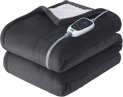 Sealy Electric Throw Blanket, Flannel & Sherpa Heated Throw with 6 Heating Levels & 2-10 Hours Auto Shut Off, Fast Heating & Machine Washable, 50x60 Inch, Light Grey