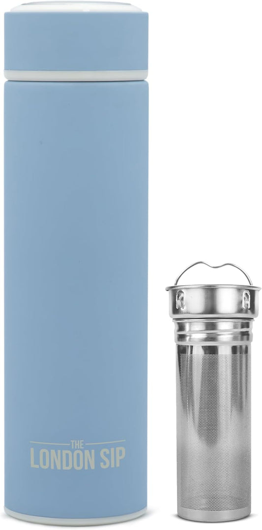 London Sip Multi-Purpose Tea Infuser Travel Mug and Tumbler Fruit Infuser Flask Hot and Cold Double Wall Stainless Steel Thermos with Extra-Long Infuser, Midnight Teal